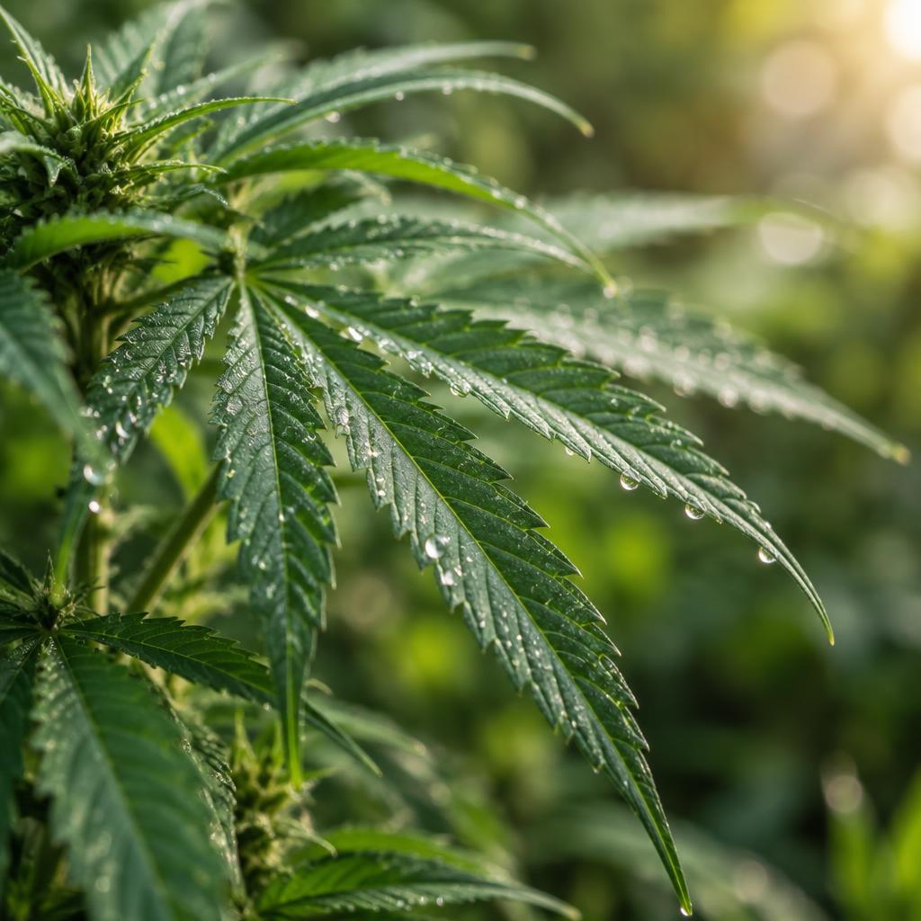 Dew-covered organic hemp leaves in soft morning sunlight